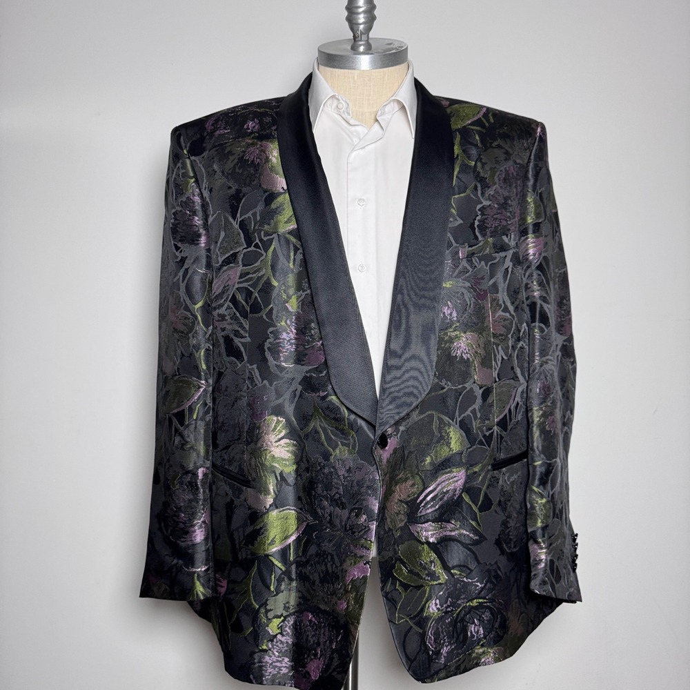 Tallia Tuxedo Jacket Mens 60L Purple Green Floral Brocade Shawl‎ Lapel Blazer